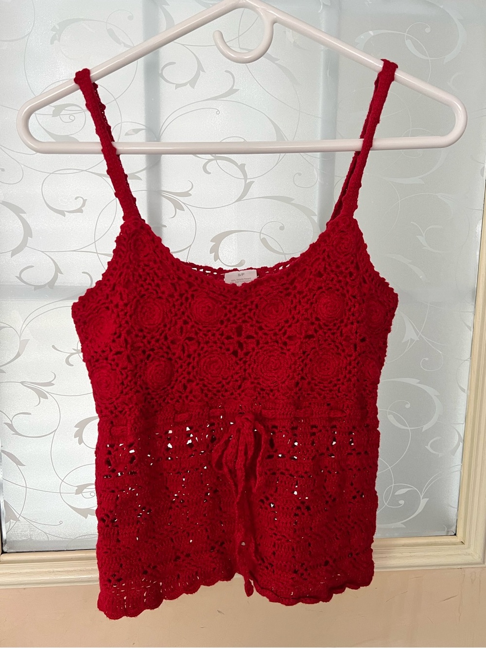 Vintage red crochet knit spaghetti strap crop top. S/P lined bodice.